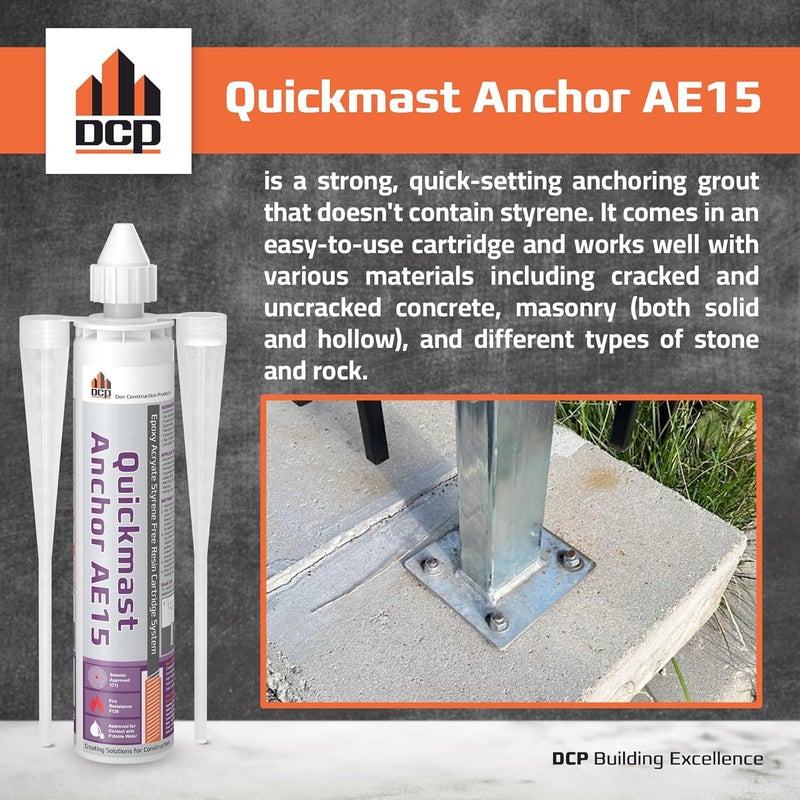 DCP Quickmast AE15 Concrete Epoxy for Rebar and Rods – High-Strength Anchoring System, Two-Part Acrylate Epoxy with Cartridge and Nozzles, 10.1 fl oz – 1 Pack - Image 4